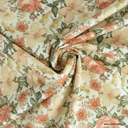 Tissu popeline Jardin Anglais Marsala et Kaki