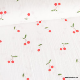 Double gaze motif grandes cerises fond blanc - OEKO TEX