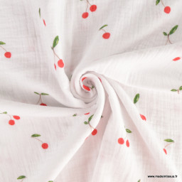 Double gaze motif grandes cerises fond blanc - OEKO TEX