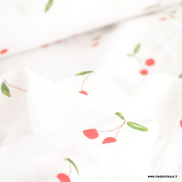 Double gaze motif grandes cerises fond blanc - OEKO TEX