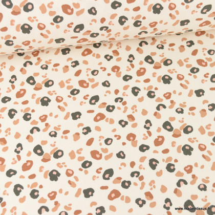 Tissu demi natté coton Felyna type bachette motif léopard fond écru - oeko tex