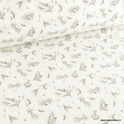 Tissu Double gaze Tiza motif fleurs grises fond blanc - oeko tex