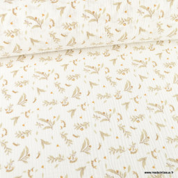 Tissu Double gaze Tiza motif fleurs lin et camel fond blanc - oeko tex