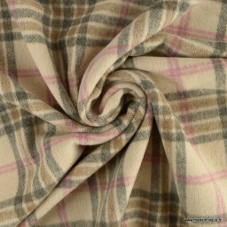 Tissu Lainage tartan écossais grands carreaux rose, marron et écru