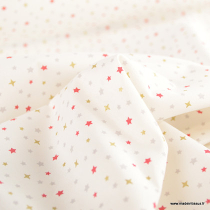 Tissu coton Freez motifs étoiles or et rouges fond blanc - Oeko tex
