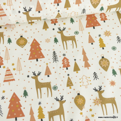Tissu coton Eminza motifs animaux de la foret, sapins et boules de Noël - Oeko tex
