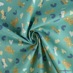 Tissu Coton Zolane motif girafes, coeurs et peluches - oeko tex classe 1