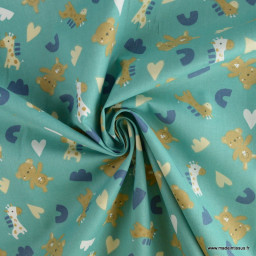 Tissu Coton Zolane motif girafes, coeurs et peluches - OEKO TEX classe 1