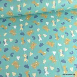Tissu Coton Zolane motif girafes, coeurs et peluches - oeko tex classe 1
