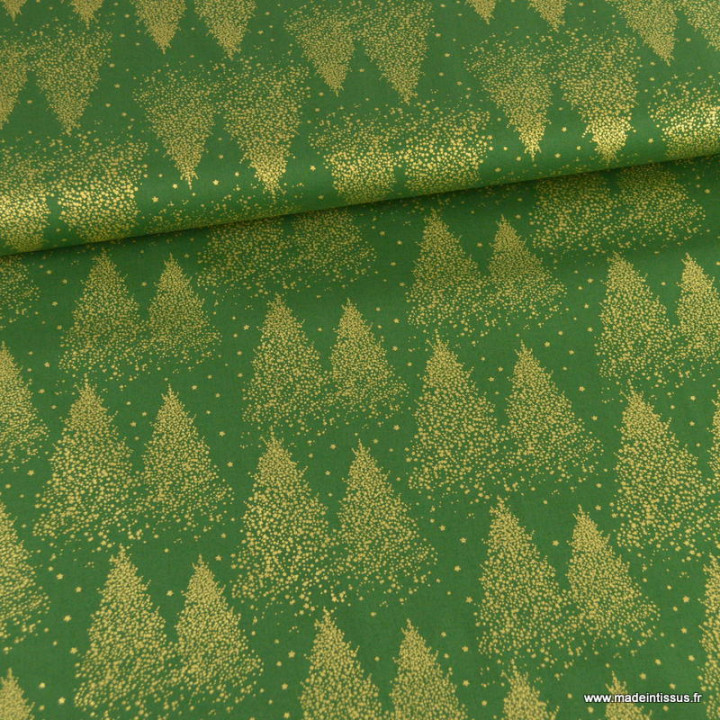 Tissu de Noël motif foret de sapins or fond vert - Oeko tex