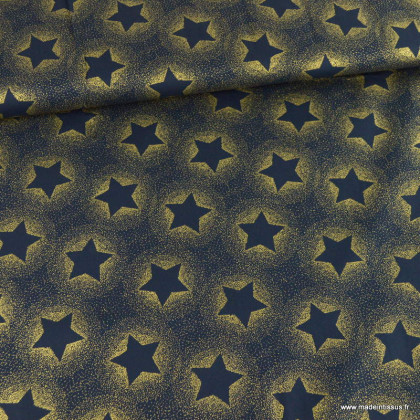 Tissu de Noël motif foret de étoiles or fond bleu marine - Oeko tex