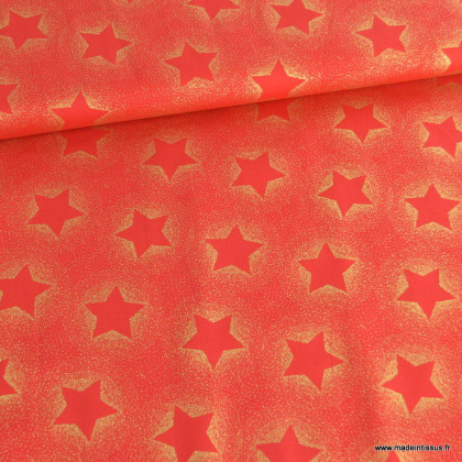 Tissu de Noël motif foret de étoiles or fond rouge - Oeko tex