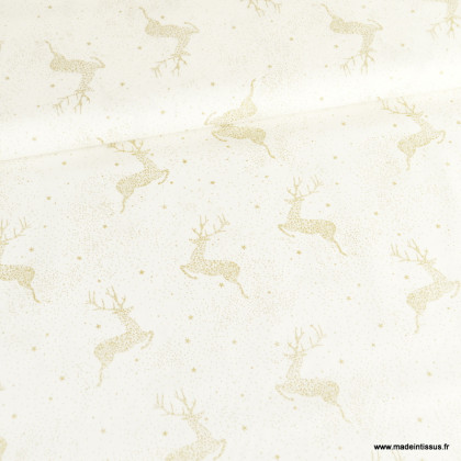 Tissu de Noël motif cerfs or fond blanc cassé - Oeko tex