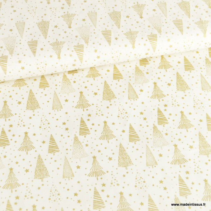 Tissu de Noël motif foret de sapins et étoiles or fond blanc cassé - OEKO TEX