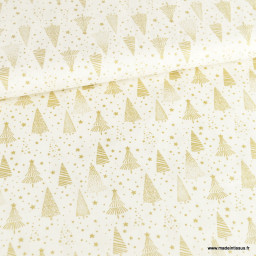 Tissu de Noël motif foret de sapins et étoiles or fond blanc cassé - OEKO TEX