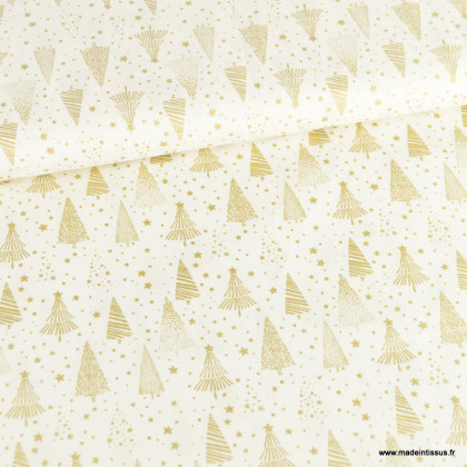 Tissu de Noël motif foret de sapins et étoiles or fond blanc cassé - Oeko tex