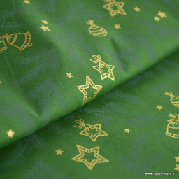 Tissu de Noël motif branches de sapins et étoiles or fond vert - Oeko tex