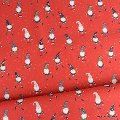 Tissu de Noël motif lutins fond rouge - Oeko tex