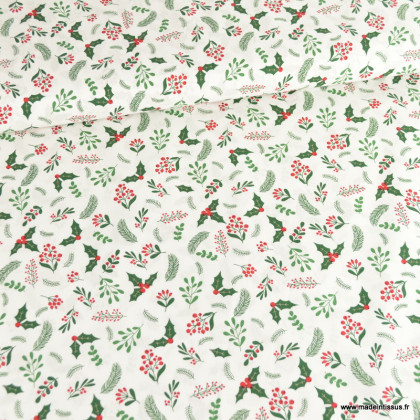 Tissu de Noël motif branches de houx et de sapins fond blanc cassé - Oeko tex