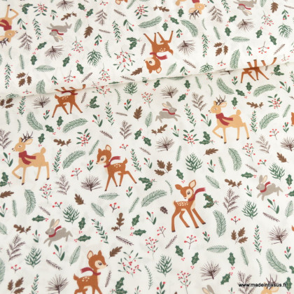 Tissu de Noël motif daim bambi et lapins fond blanc cassé - Oeko tex