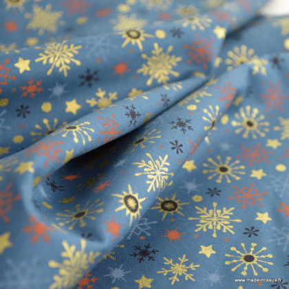 Tissu de Noël motif flocons de neige fond bleu - Oeko tex