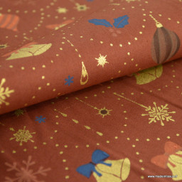 Tissu de Noël motif guirlandes et boules de Noël fond brique - Oeko tex