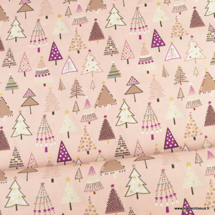 Tissu de Noël motif sapins de noël fantaisies fond rose - Oeko tex