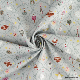 Tissu de Noël motif boules et fleurs fond gris - Oeko tex