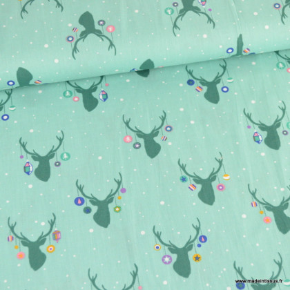 Tissu de Noël motif têtes de rennes fond menthe - Oeko tex