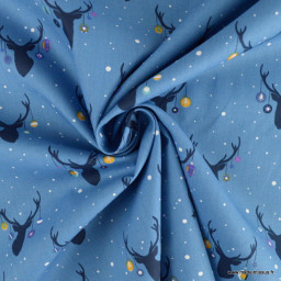 Tissu de Noël motif têtes de rennes fond bleu - Oeko tex