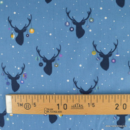 Tissu de Noël motif têtes de rennes fond bleu - Oeko tex