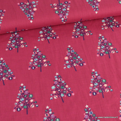 Tissu de Noël motif sapin de boules de Noël fond rose fuchsia - Oeko tex