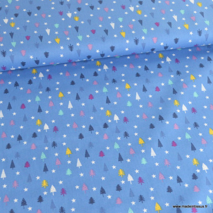 Tissu de Noël motif petits sapin de Noël fond bleu - Oeko tex