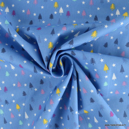 Tissu de Noël motif petits sapin de Noël fond bleu - Oeko tex