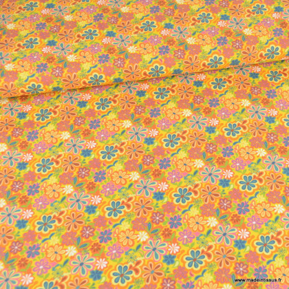 Popeline Bio Spirit motif fleurs seventies orange -  oeko tex