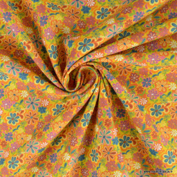 Popeline Bio Spirit motif fleurs seventies orange -  oeko tex