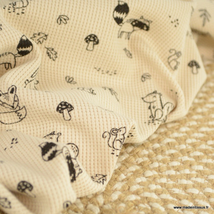 Tissu jersey nid d'abeille motifs animaux fond écru - oeko tex