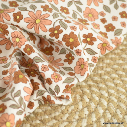 Tissu velours milleraies Poppy motif fleurs camel et rose - oeko tex