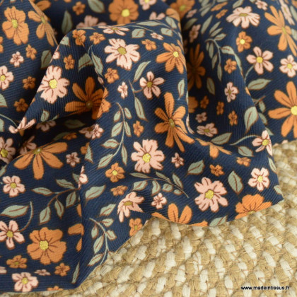 Tissu velours milleraies Poppy motif fleurs camel et rose fond marine - oeko tex
