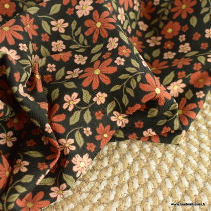 Tissu velours milleraies Poppy motif fleurs camel et rose fond noir - oeko tex