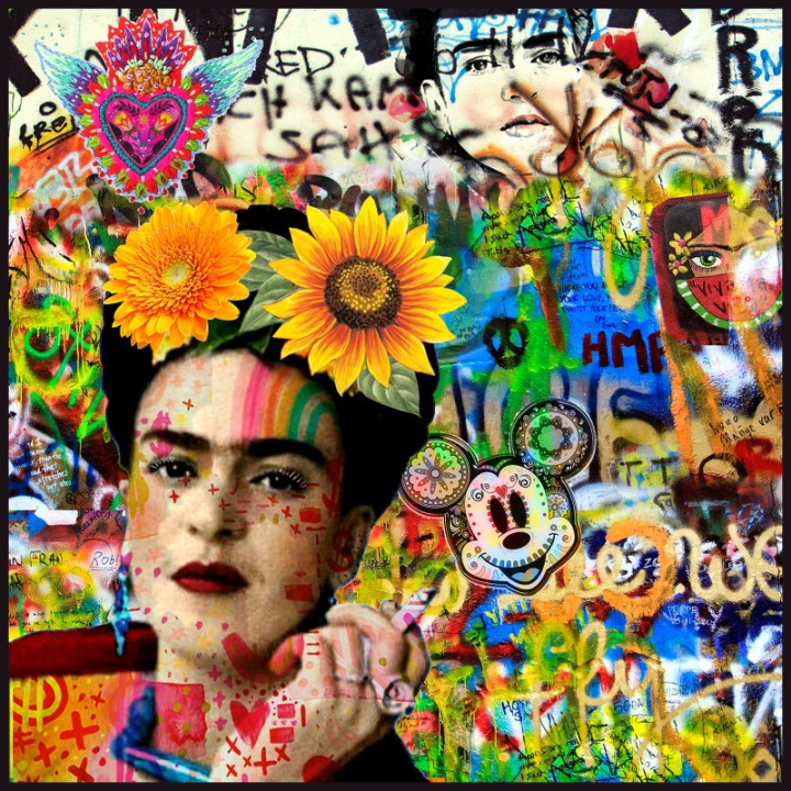 Carré / panneau en simili Frida, graffitis et mickey