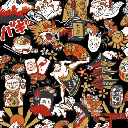 Tissu coton Daruma motifs manga japonais fond noir - Oeko tex