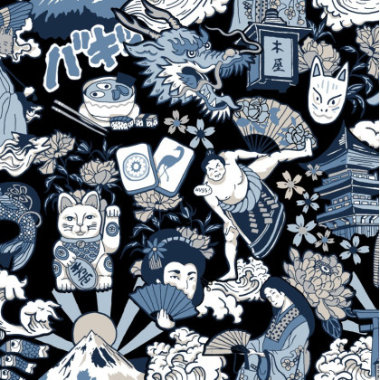 Tissu coton Daruma motifs manga japonais fond Indigo - Oeko tex