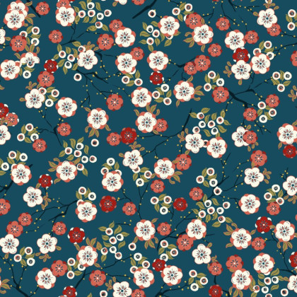 Tissu Hokkaido en coton imprimé fleurs japonaises fond ciel