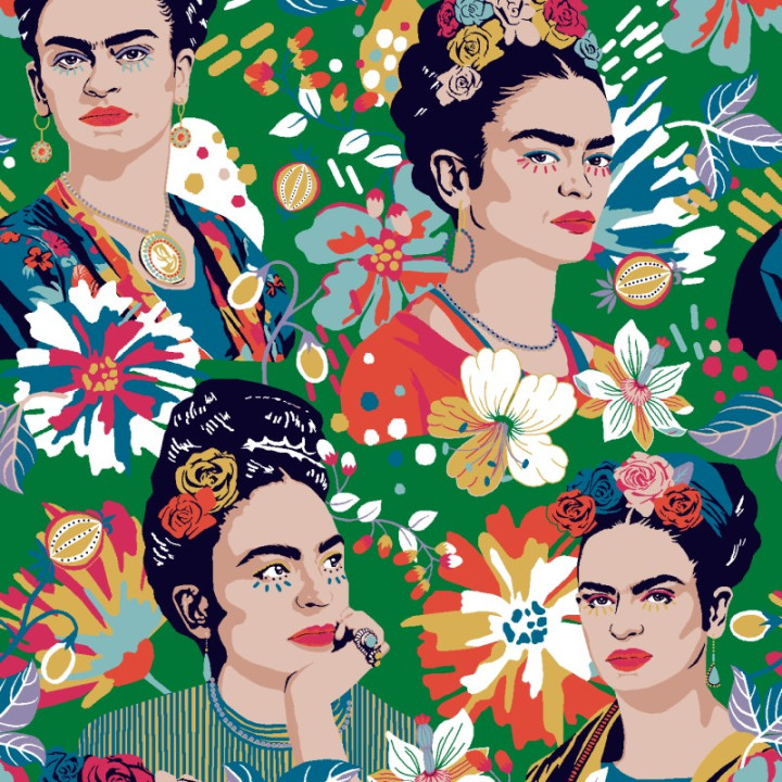 Tissu Felicia en coton imprimé Frida Khalo fond vert