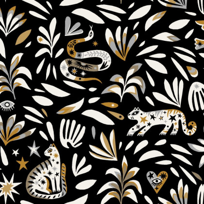 Tissu Yucatan en coton motif animaux et feuillage Noir