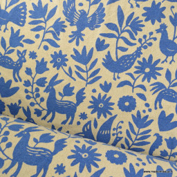 Toile lourde OTOMI bleu motif animaux et fleurs sur toile Joséphine