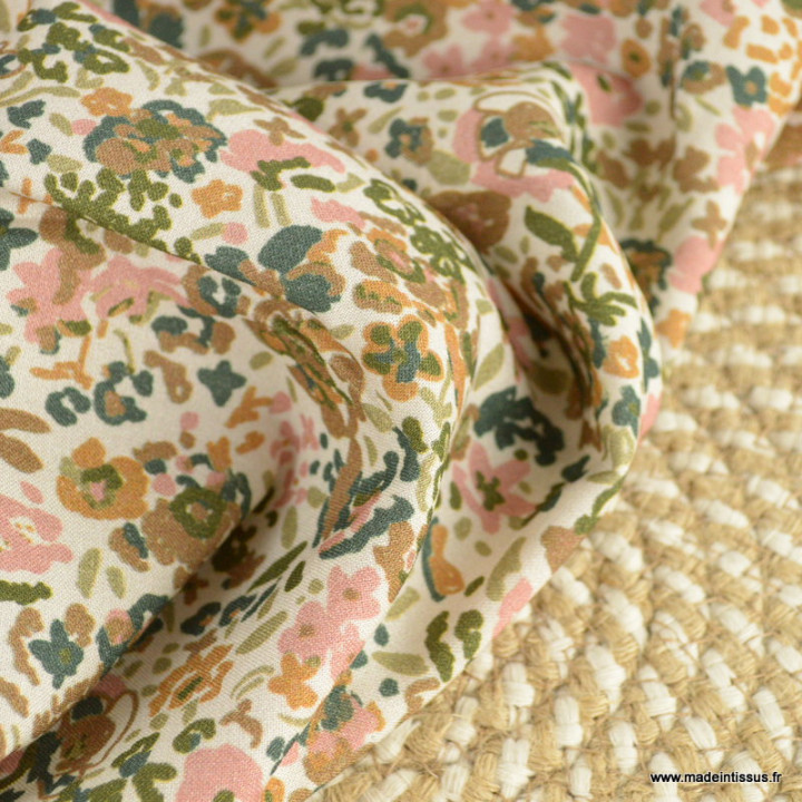 Tissu Viscose Naima motifs fleurs fond écru - Oeko tex