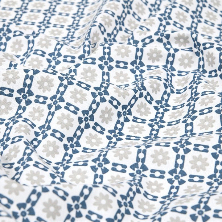 Tissu coton enduit Geline graphique et fleurs bleu et gris