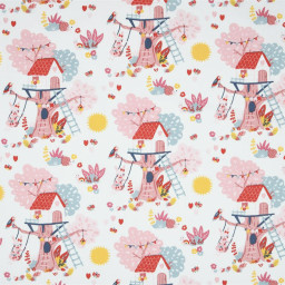 Tissu cretonne coton Alice motifs cabanes, fleurs et lapins rose